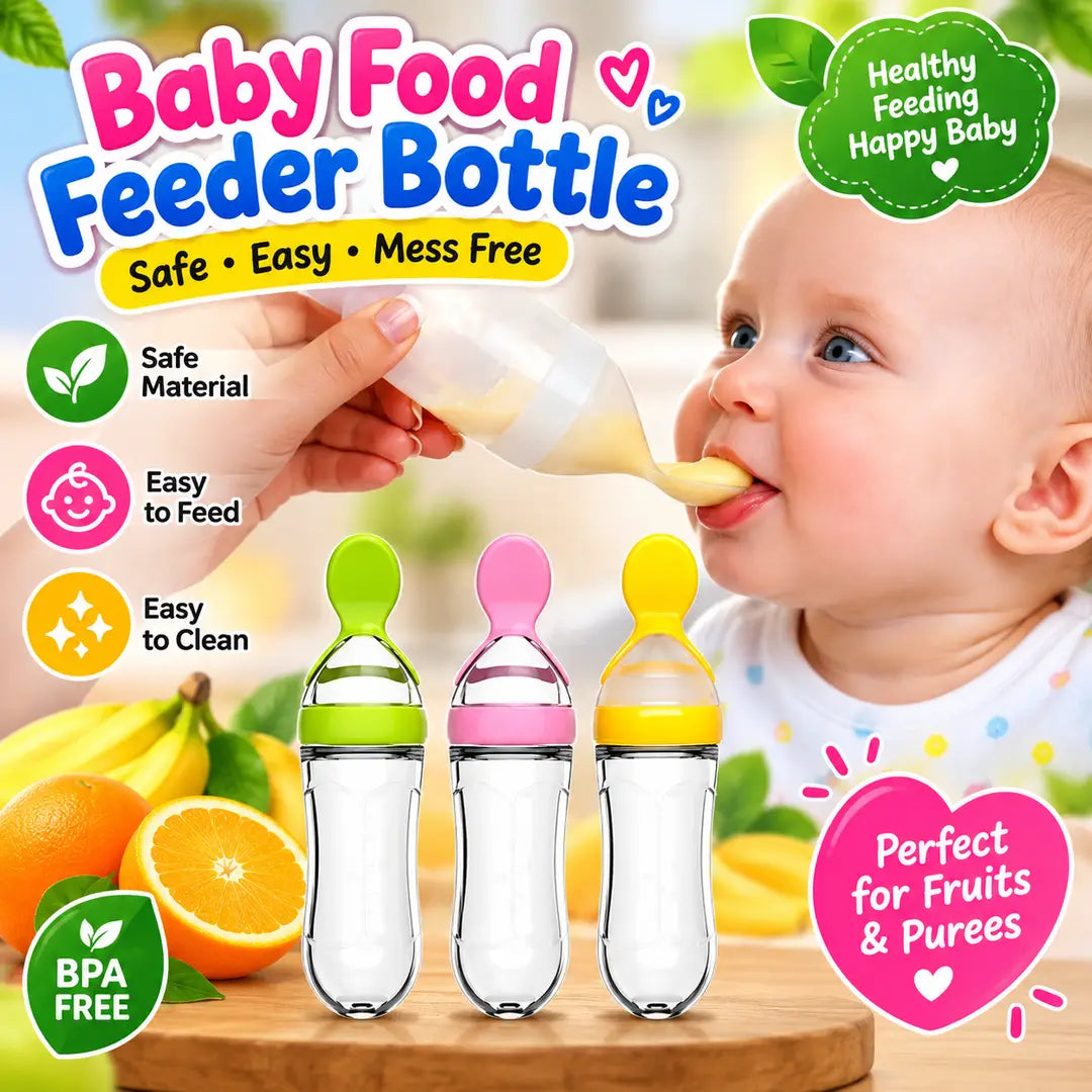 Baby food feeder bottle with soft spoon