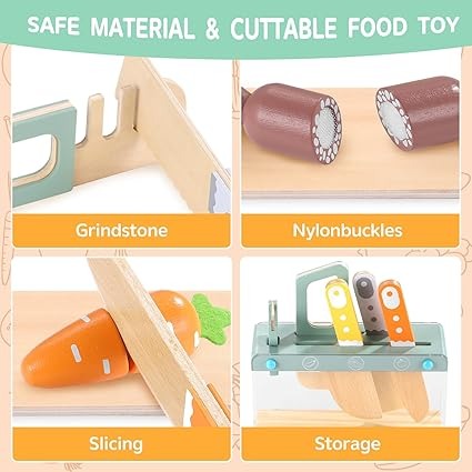 Wooden Kids Play Kitchen Set with Toy Utensils & Velcro Food