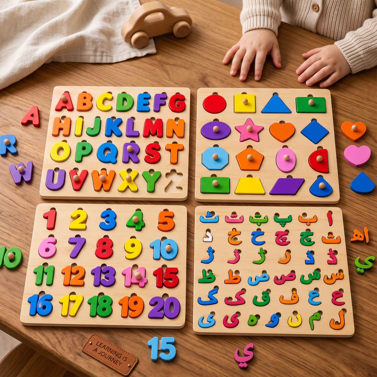 4pcs Montessori Wooden Alphabets Board - Capital ABC, Urdu, Shapes, 1-20