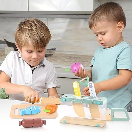 Wooden Kids Play Kitchen Set with Toy Utensils & Velcro Food