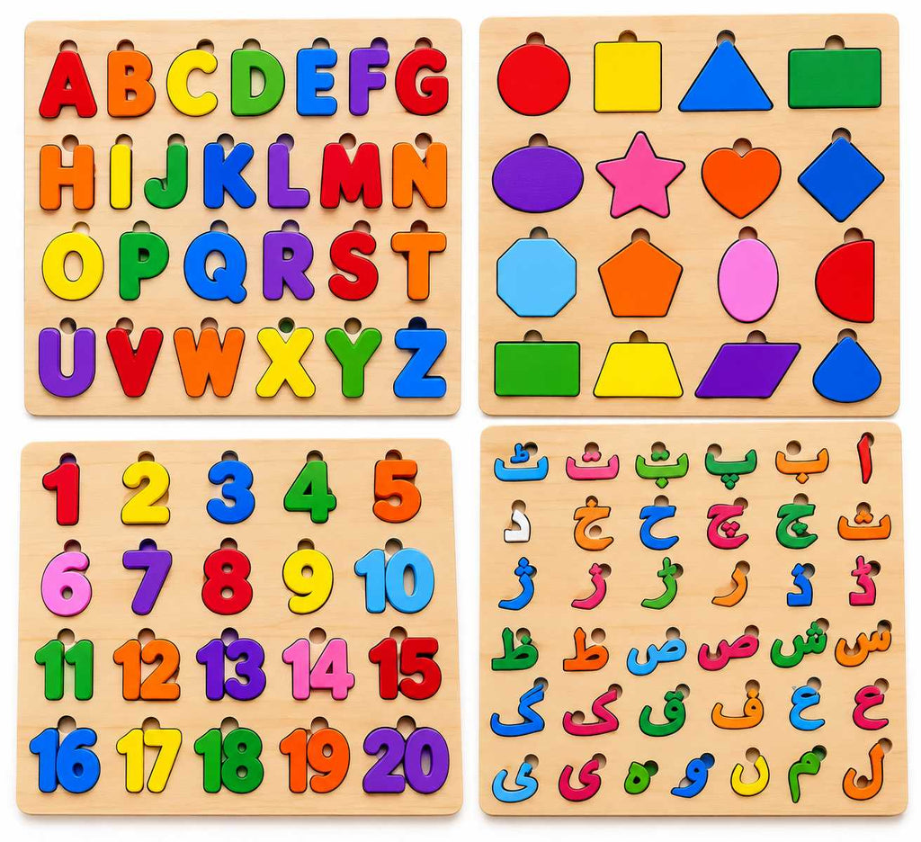 4pcs Montessori Wooden Alphabets Board - Capital ABC, Urdu, Shapes, 1-20