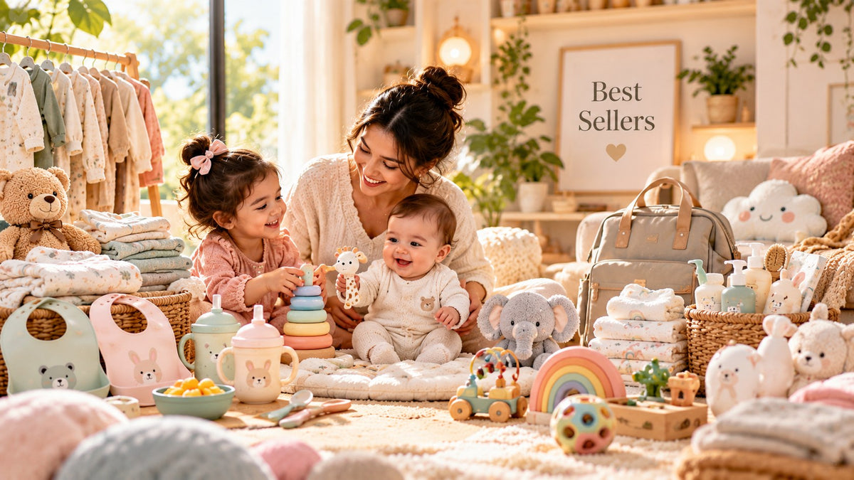 Mother and children playing with baby essentials in a sunny nursery