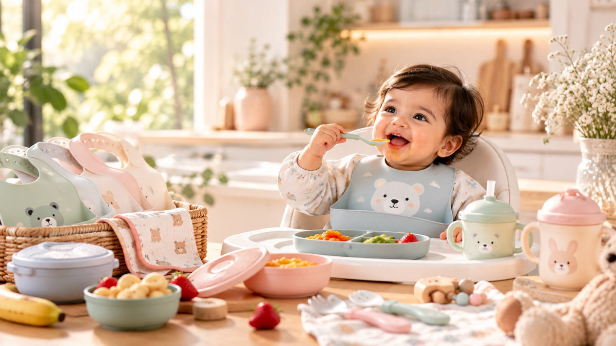 Baby enjoying mealtime with feeding essentials