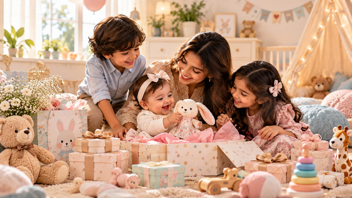 Siblings and mother opening baby gifts