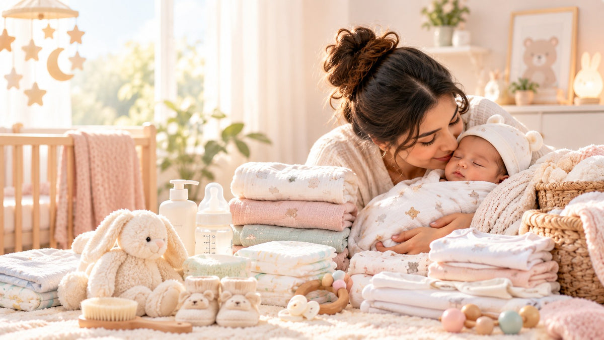 Mother holding her newborn beside soft baby essentials