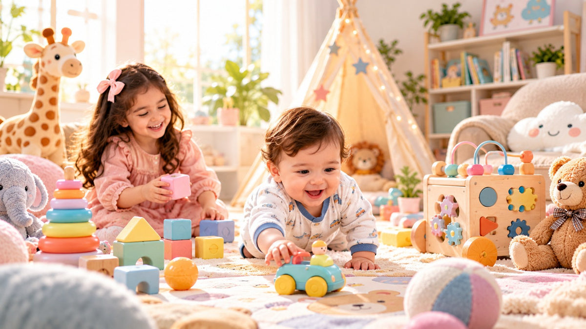 Children playing with soft toys and blocks